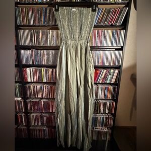 Aerie Strapless Green Striped Romper With Pockets Size M